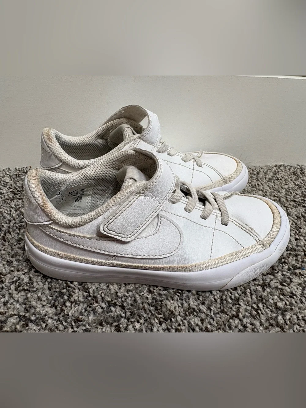 Nike White on White Kids Leather Sneakers with Velcro  Strap Size 11c